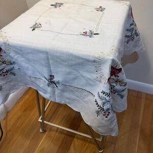 Vintage Embroidered Christmas Tablecloth Bells Poinsettia Holly Hemstitch 33x33